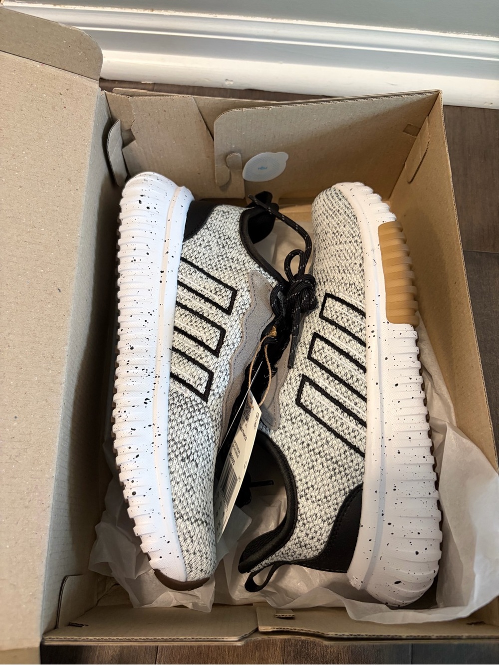 adidas White and Black Knit Running Shoes with Gum Accent